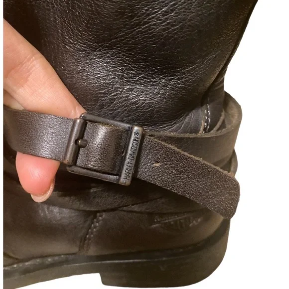 Harley Davidson Mandy Brown Black Leather Biker Slate Buckle Ankle Boots 6W - Picture 4 of 13